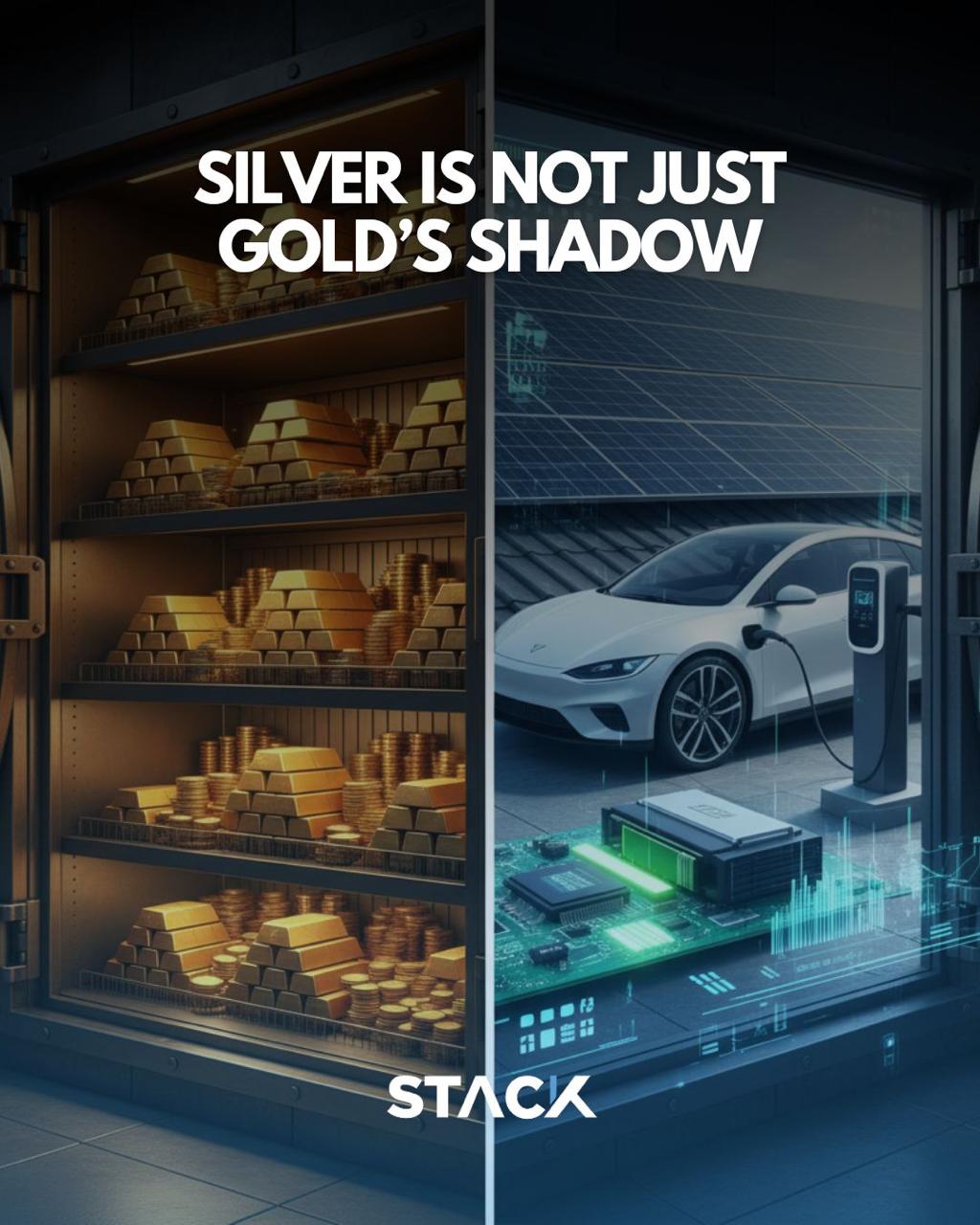 Post titled SILVER IS NOT JUST GOLD'S SHADOW with a split image of a gold vault and an electric vehicle charging station