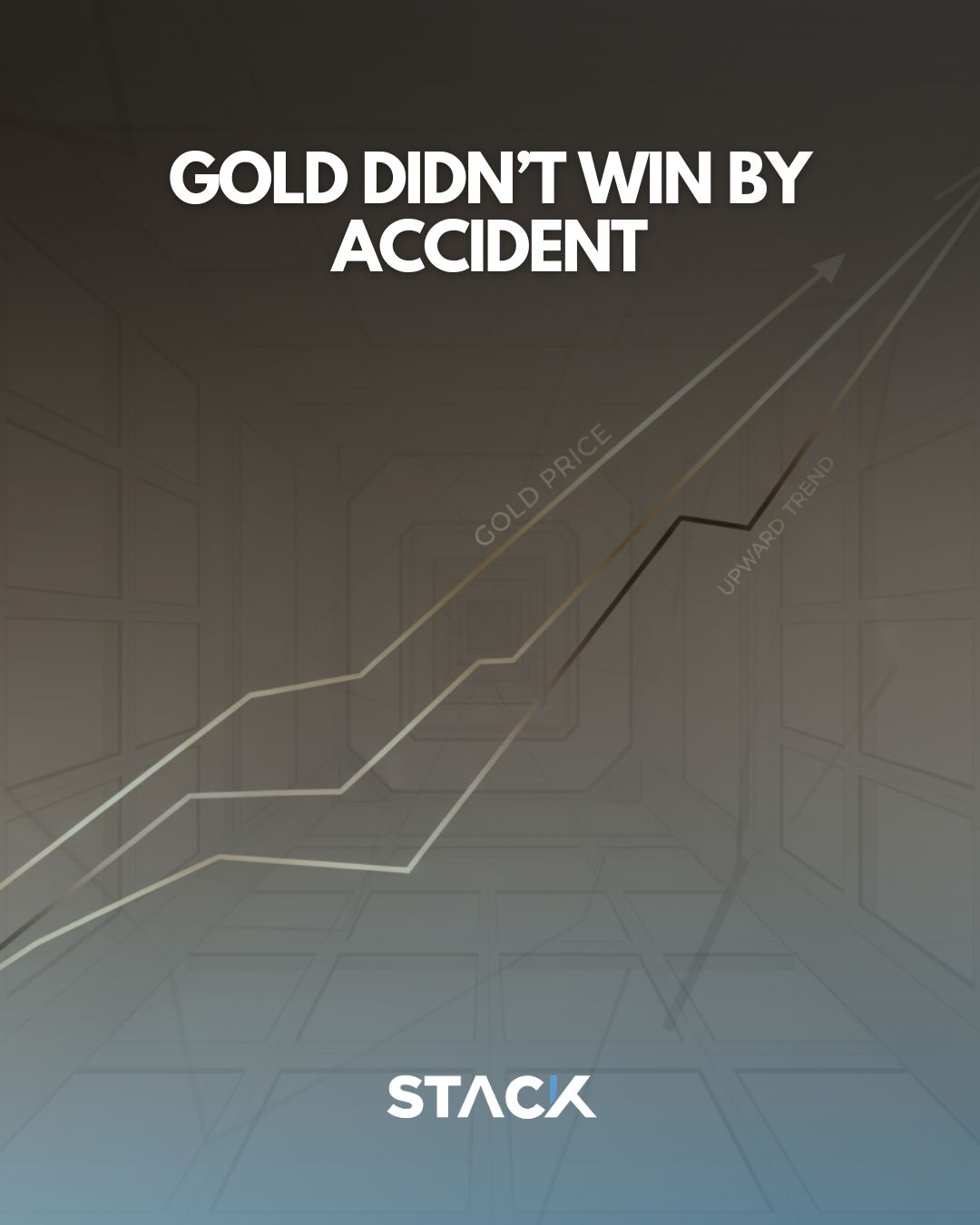 Stack Investment post titled GOLD DIDN'T WIN BY ACCIDENT with rising line graphs labeled GOLD PRICE and UPWARD TREND.