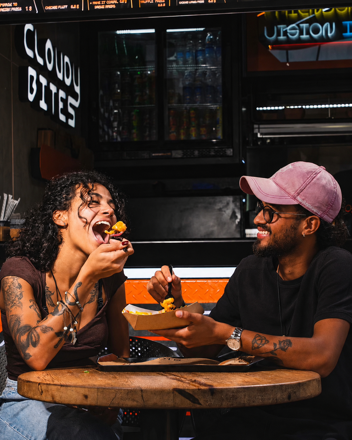 Two friends eating Cloudy Bites sandwiches and fries outdoors